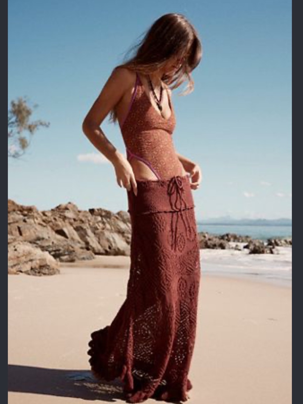 Fp beach Hand-Knit Crochet Maxi Skirt in Rust